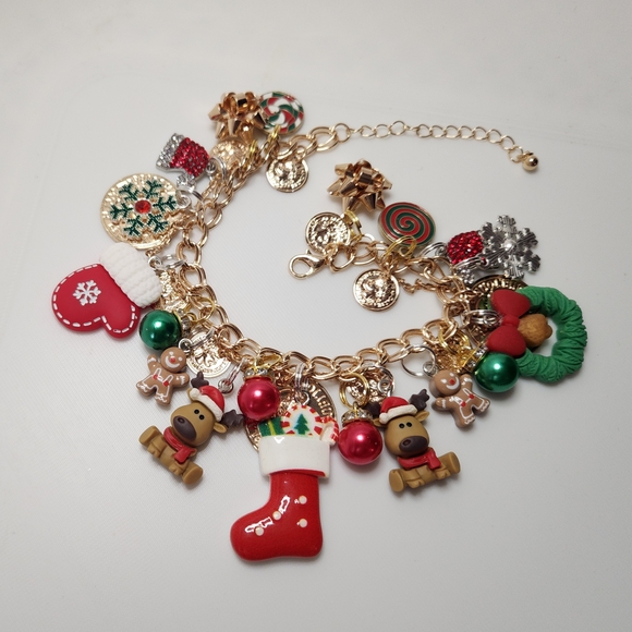Hand Crafted Gold Holiday Charm Bracelet with Red and Green - Picture 1 of 3